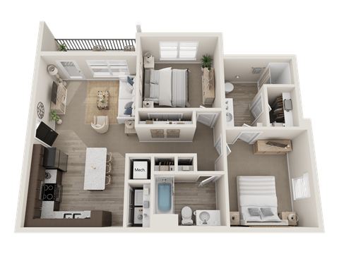 Floor plan for 2 beds, 2 baths, 950 sqft
